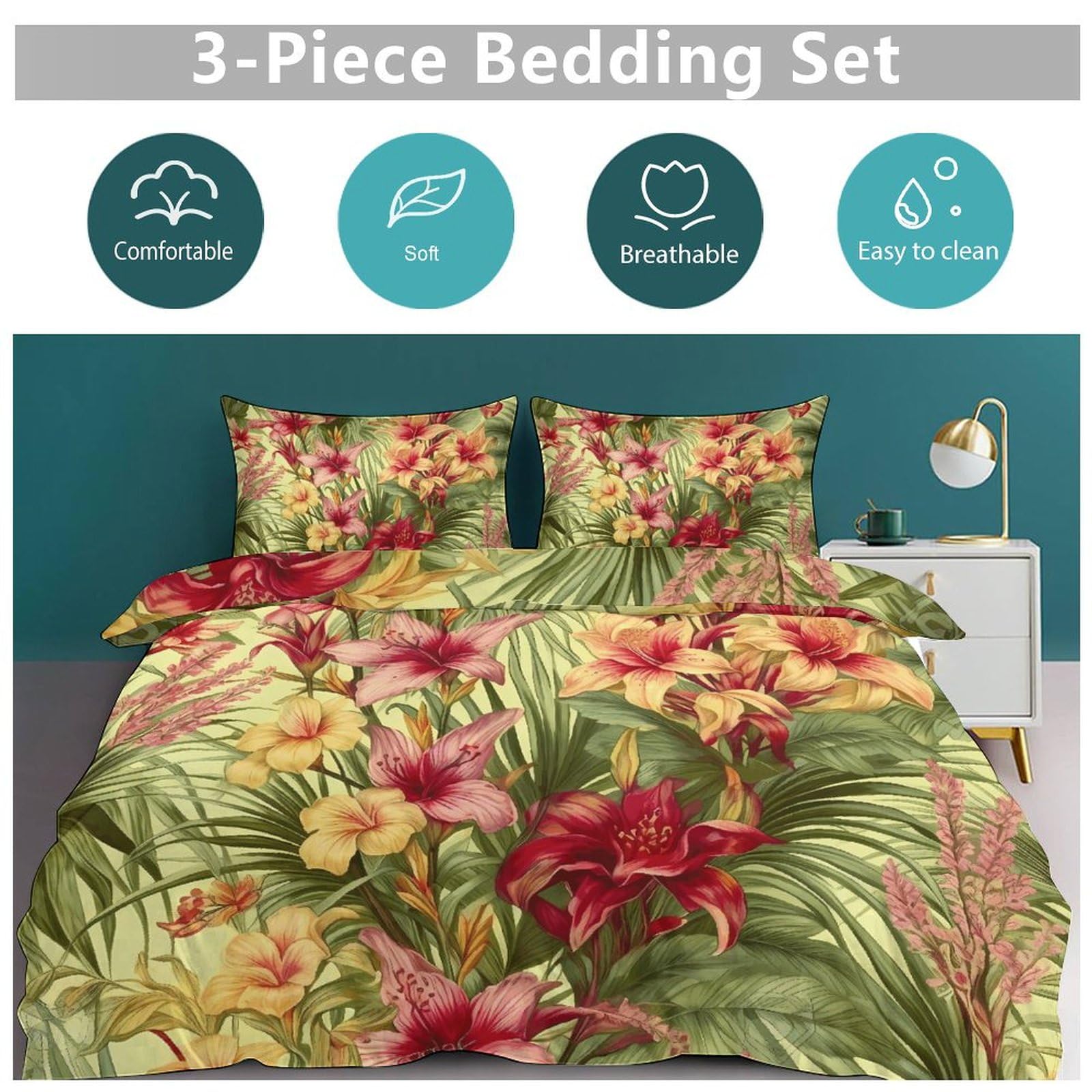 Set di biancheria da letto 3 pezzi, ultra morbido, con motivo floreale di palme tropicali + 2 federe, leggero copripiumino double-face per casa/hotel/regali, 228,6 x 228,6 cm