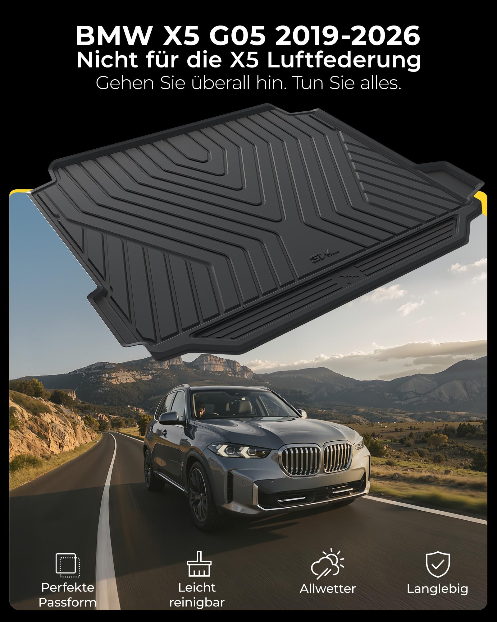 3W Kofferraumwanne für BMW X5 G05 2019-2026, Nicht für die X5 Luftfederung | TPE Thorex™ Allwetter | 3D Maßgeschneiderte Passform | Hundefreundlich Auto Zubehör | Wasserdicht & Kratzfest | Antirutsch