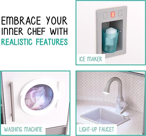 Miniatura 6 de Lil' Jumbl Juego de cocina de esquina para niños, cocina de lujo de madera de simulación, máquina de hielo a pilas, estufa y grifo con sonido