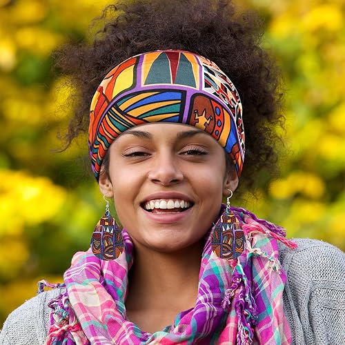 Miniatura 4 de WILLBOND 4 diademas africanas con 4 aretes africanos de piel sintética para mujer, diadema africana con estampado bohemio para la cabeza, conjuntos