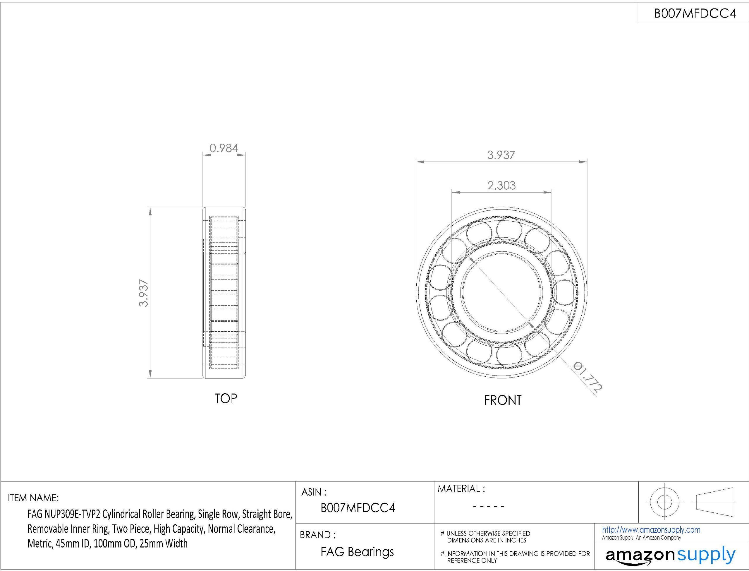 FAG Nup309e-tvp2 cylindrique Roulement à rouleaux, rangée simple, Straight Alésage, Bague intérieure amovible, 2 pièces, haute capacité, espace Normal, métrique, 45 mm ID, 100 mm OD, 25 mm de largeur