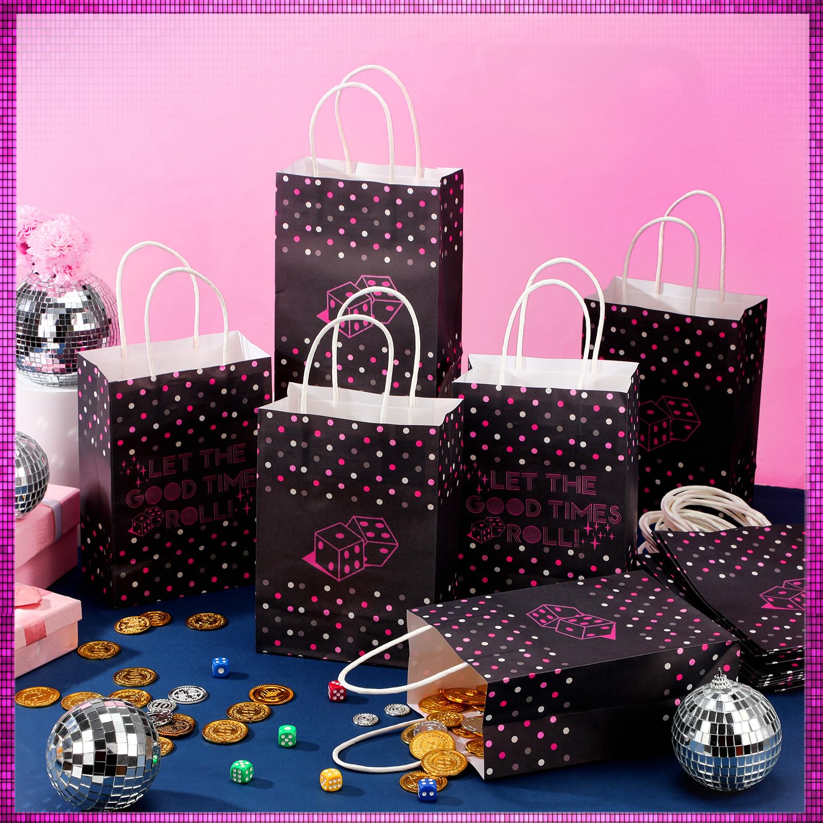 Kolldenn 25 Pcs Bunco Gift Bags Bulk Bunco Party Supplies Dice Party Favor Bags with Handles Game Player Gifts for Galentine's Day Women Girls Weekend Bingo Lovers Casino Night Disco Birthday