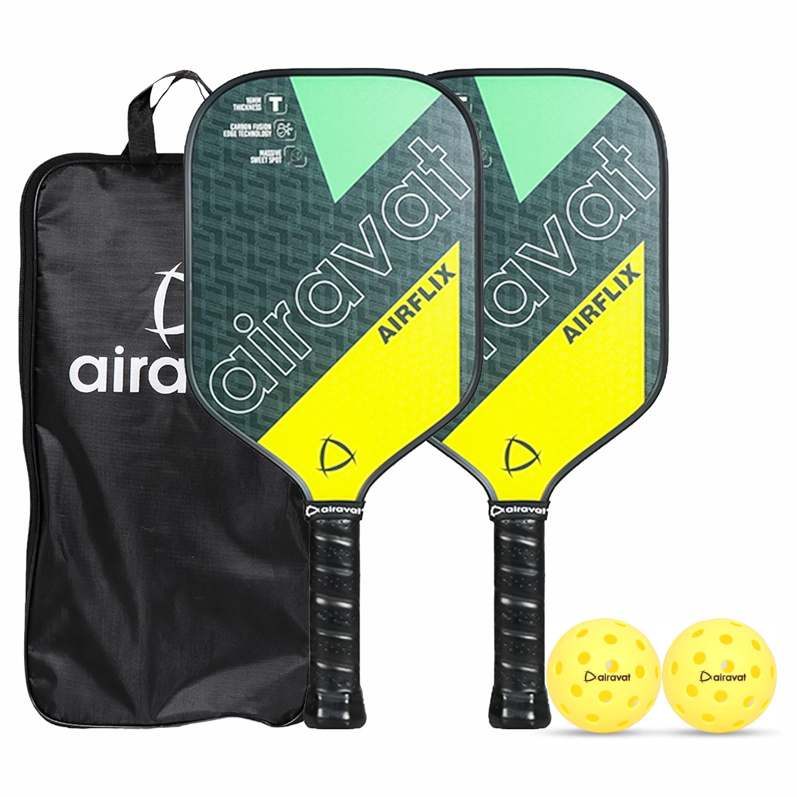 Airavat AIRFLIX Black Pickleball Paddles Pack of 2Pc with 1Pc Cover & 2Pc Pickleballs, Pure Carbon Fiber, Elongated Handle Increased Power & Spin, High Performance Pickleball Set 16mm Thickness
