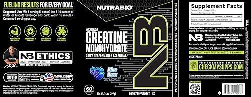 Miniatura 9 de NutraBio Suplemento en polvo de monohidrato de creatina micronizada pura, Blue Razz Burst (10.58 oz)  Apoya la energía muscular a granel, la