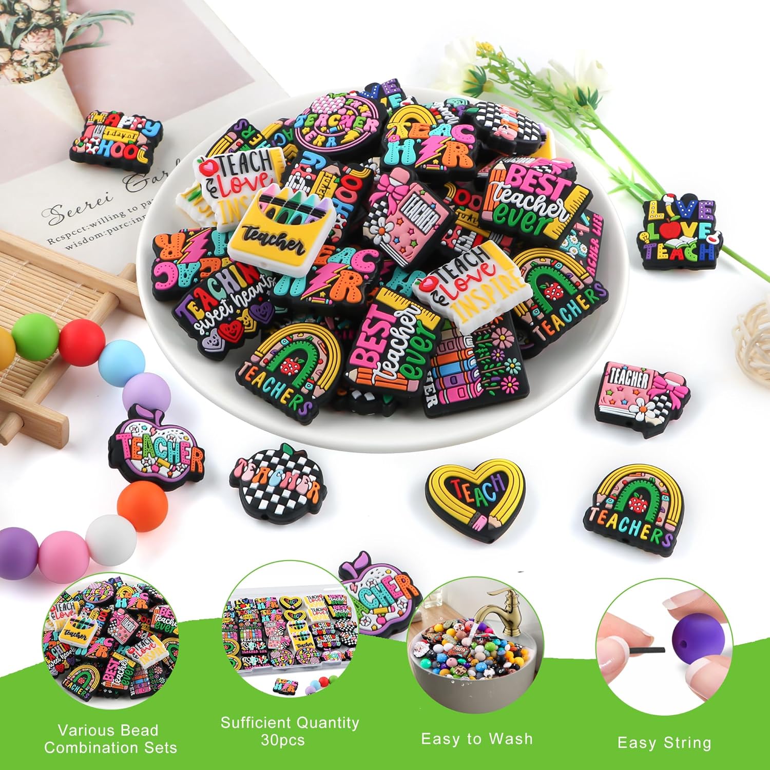 30Pcs Teacher Focal Beads for Pens, School Teacher Silicone Beads for Keychain Making Patterns Focals for Necklace Bracelet Beaded Pen