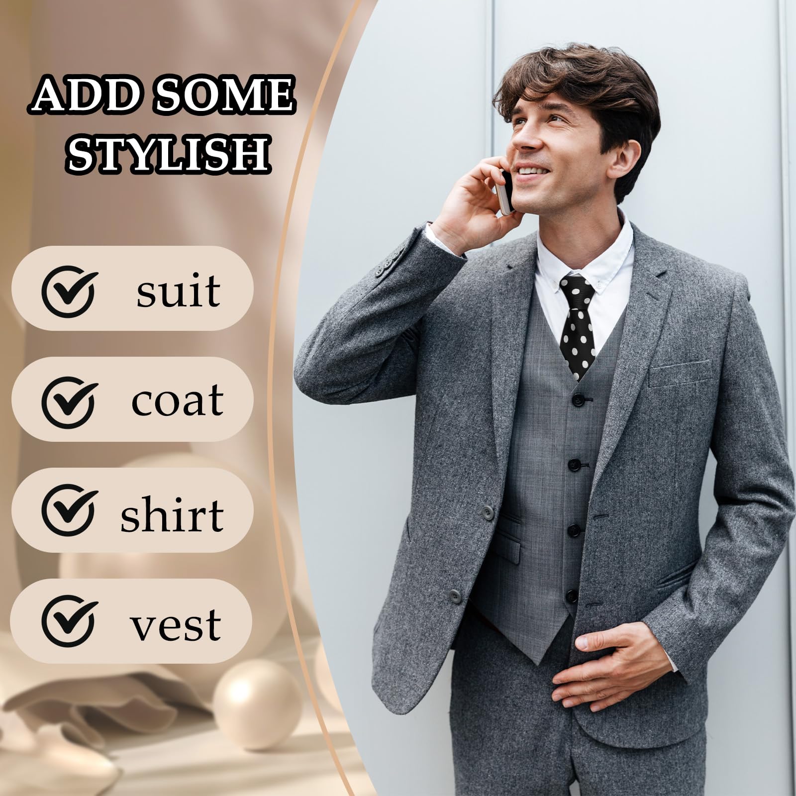 Corbatas para hombre, corbatas de lunares para hombre, corbatas y bolsillo cuadrado para boda, fiesta de negocios, negro blanco gran punto 4