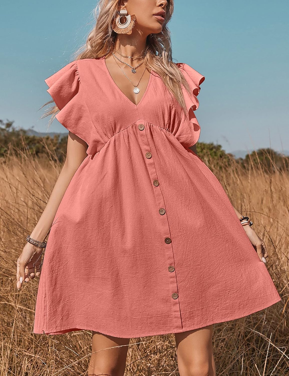 KOJOOIN Women's Ruffle Babydoll Dress Long/Short Sleeve V Neck High Waist Botton Casual Loose Flowy Swing Pleated Tunic Dress