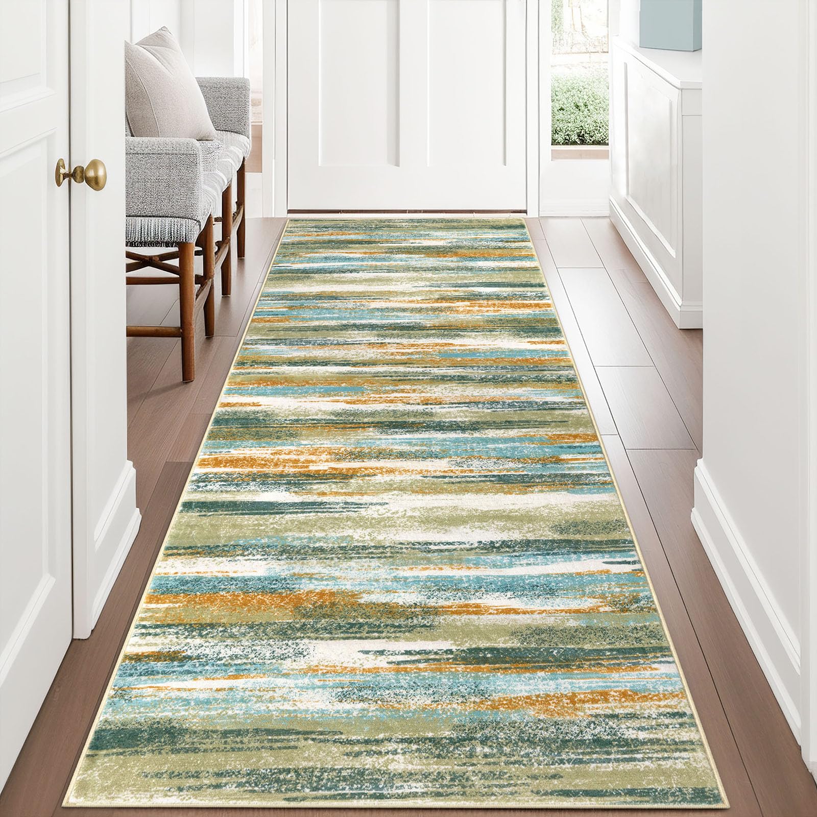Lansny Modern Abstract Runner Rug 3x8, Green Mustard Multi Washable Kitchen Runner Non-Slip Soft Hallway Rug Runner Thin Print Faux Wool Carpet for