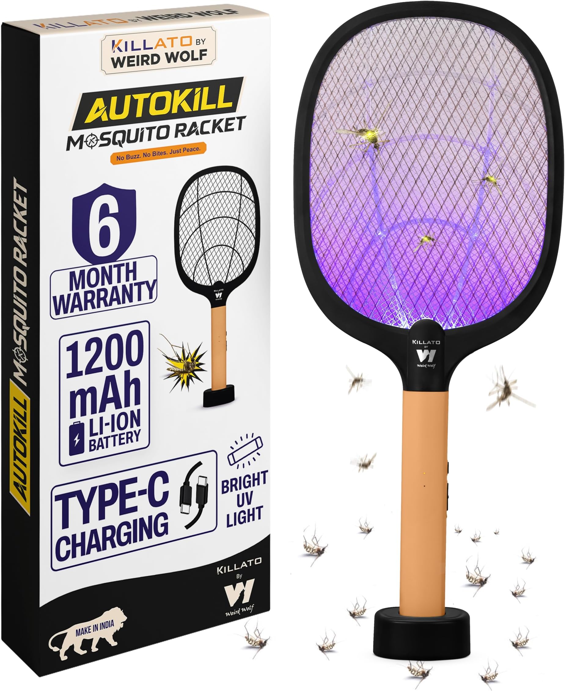 WEIRD WOLF 2 in 1 UV Light Mosquito Bat Racket Electric Fly Swatter with Base Stand, Lithium Battery, USB Type-C Charging, Warranty, Peach/Black