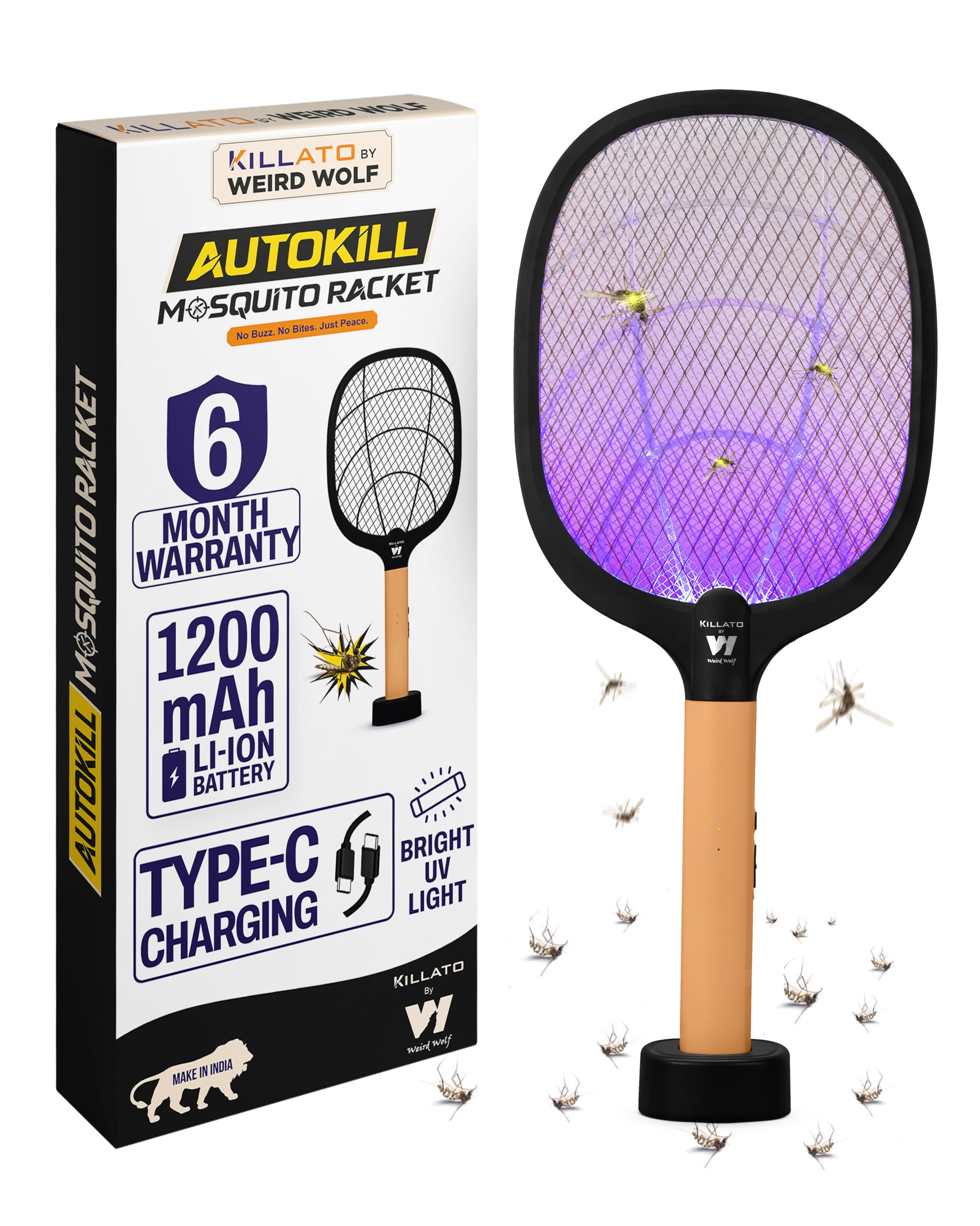 WEIRD WOLF 2 in 1 UV Light Mosquito Bat Racket Electric Fly Swatter with Base Stand, Lithium Battery, USB Type-C Charging, Warranty, Peach/Black