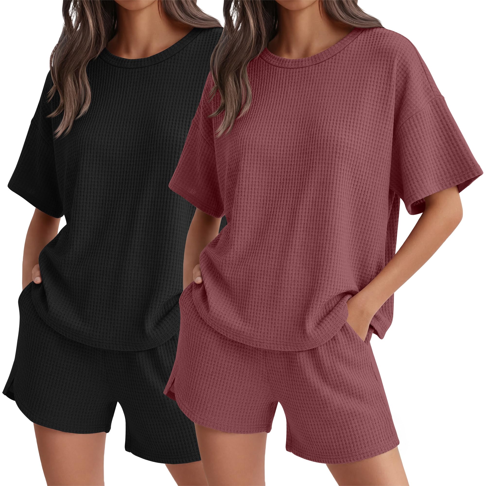 Photo 1 of Neer 2 Pack Waffle Knit Women's Pajama Sets Lounge Cute Short Sleeve Top and Shorts Matching PJ With Pockets(Black, Maroon,L)