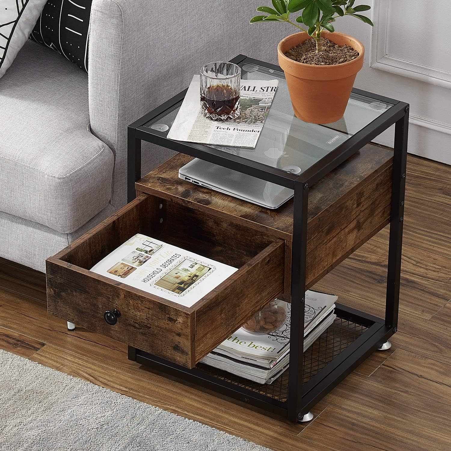 VECELO Nightstands,Glass Top End Tables with Drawer and Shelf for Living Room,Bedroom,Lounge,Charcoal Grey