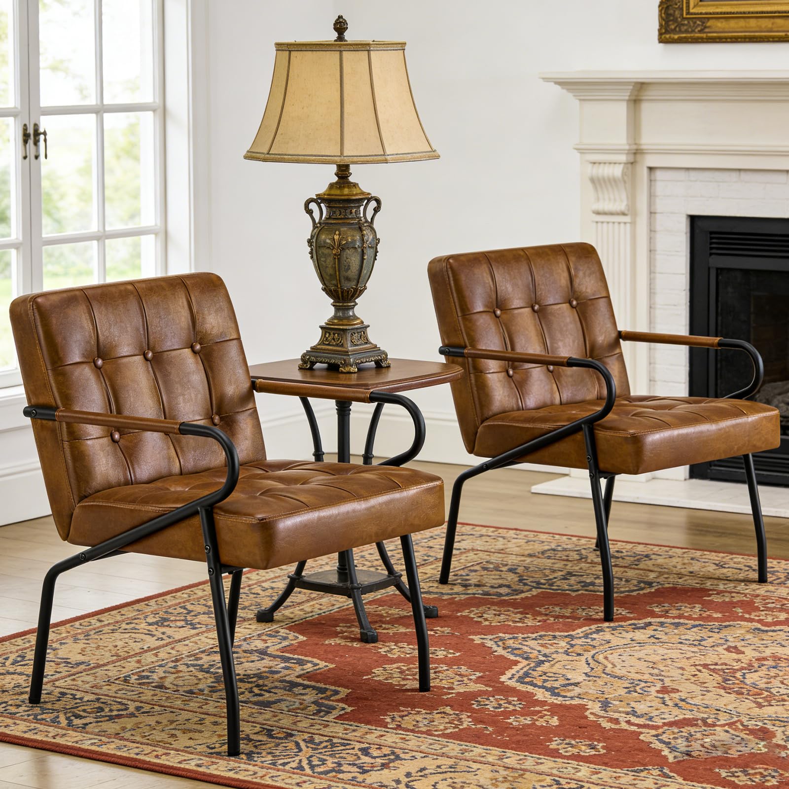 Hellove Set of 2 Leather Accent Chair for Living Room Bedroom, Mid-Century Modern Comfy Armchair for Adults Lounge with Thick Cushion & Metal Frame, Reading Occasional chair for Waiting Room, Brown