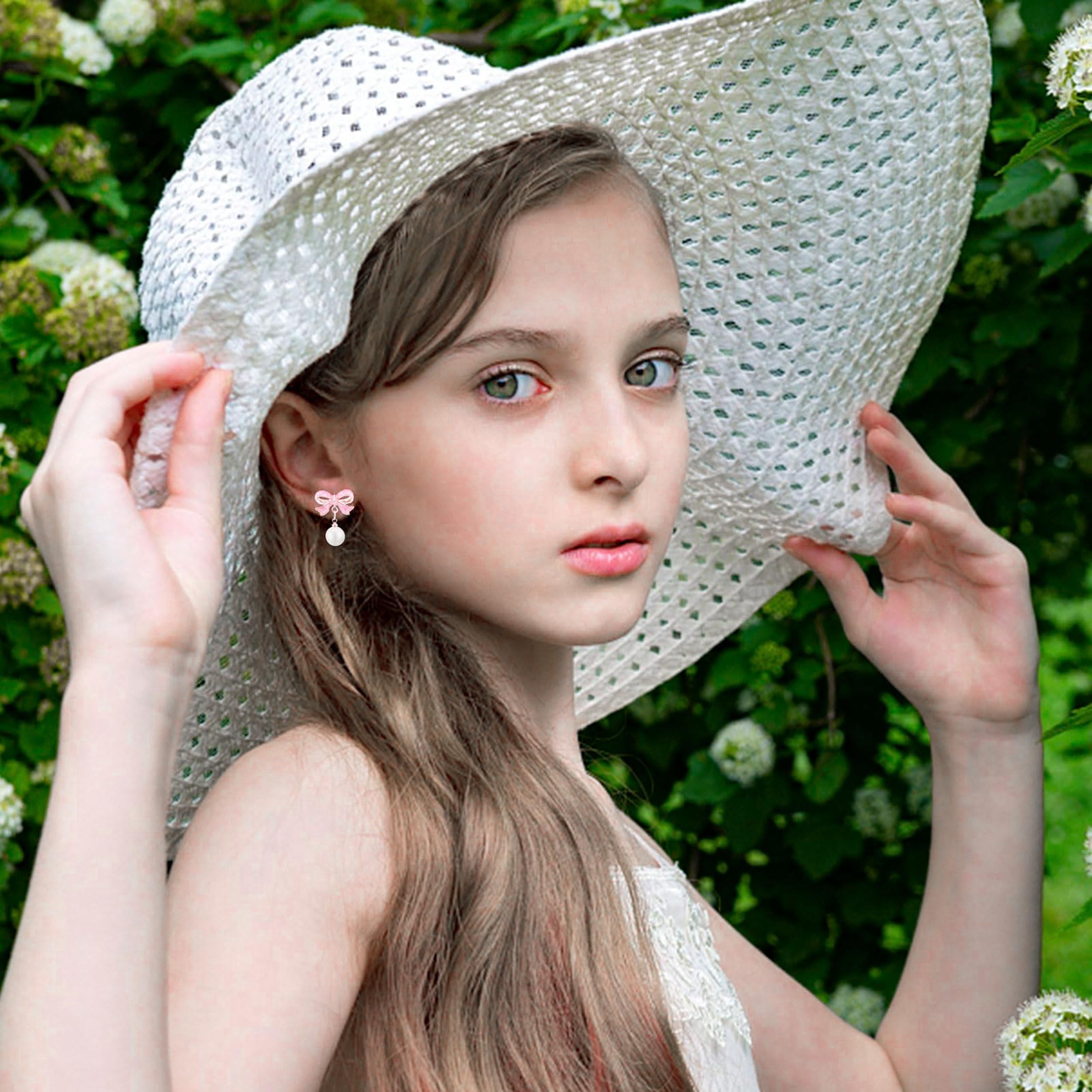 Twinkle Pearl Bow Dangle & 925 Silver Stud Earrings for Women & Girls | Pink and Gold Bow Ribbons Earrings | Holiday Birthday Jewelry Gifts for Her: Pink