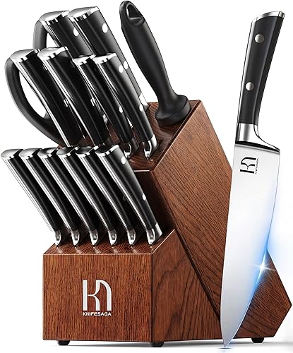 Miniatura 10 de Juego de 15 cuchillos de cocina de acero inoxidable de alto carbono con bloque y afilador, juego de cuchillos negros afilados de alta calidad para