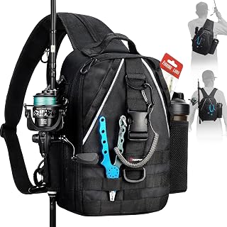 Piscifun Fishing Backpack, Rod Holders, Lightweight Sling Bag, Black | Fits 2x3600 trays, bottle pocket, MOLLE loops for short bank fishing trips