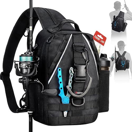 Piscifun Fishing Backpack, Rod Holders, Lightweight Sling Bag, Black