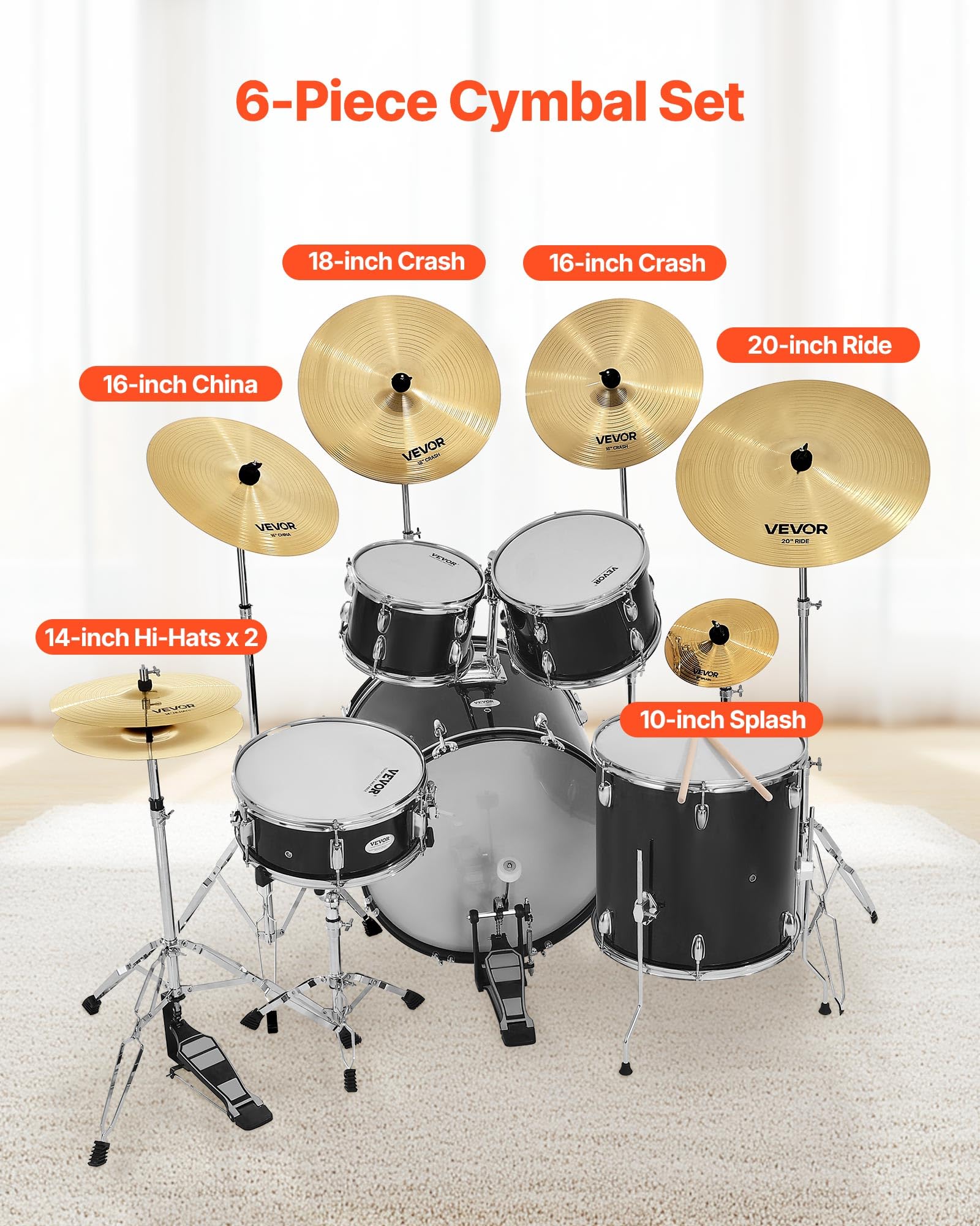 VEVOR Cymbal Pack, 7 Pieces Cymbals for Drum Set, Alloy Cymbals Drum Set Includes 14" Hi-Hats, 16" Crash, 18" Crash, 20" Ride, 10" Splash, 16" China, Drumsticks & Cymbal Bag