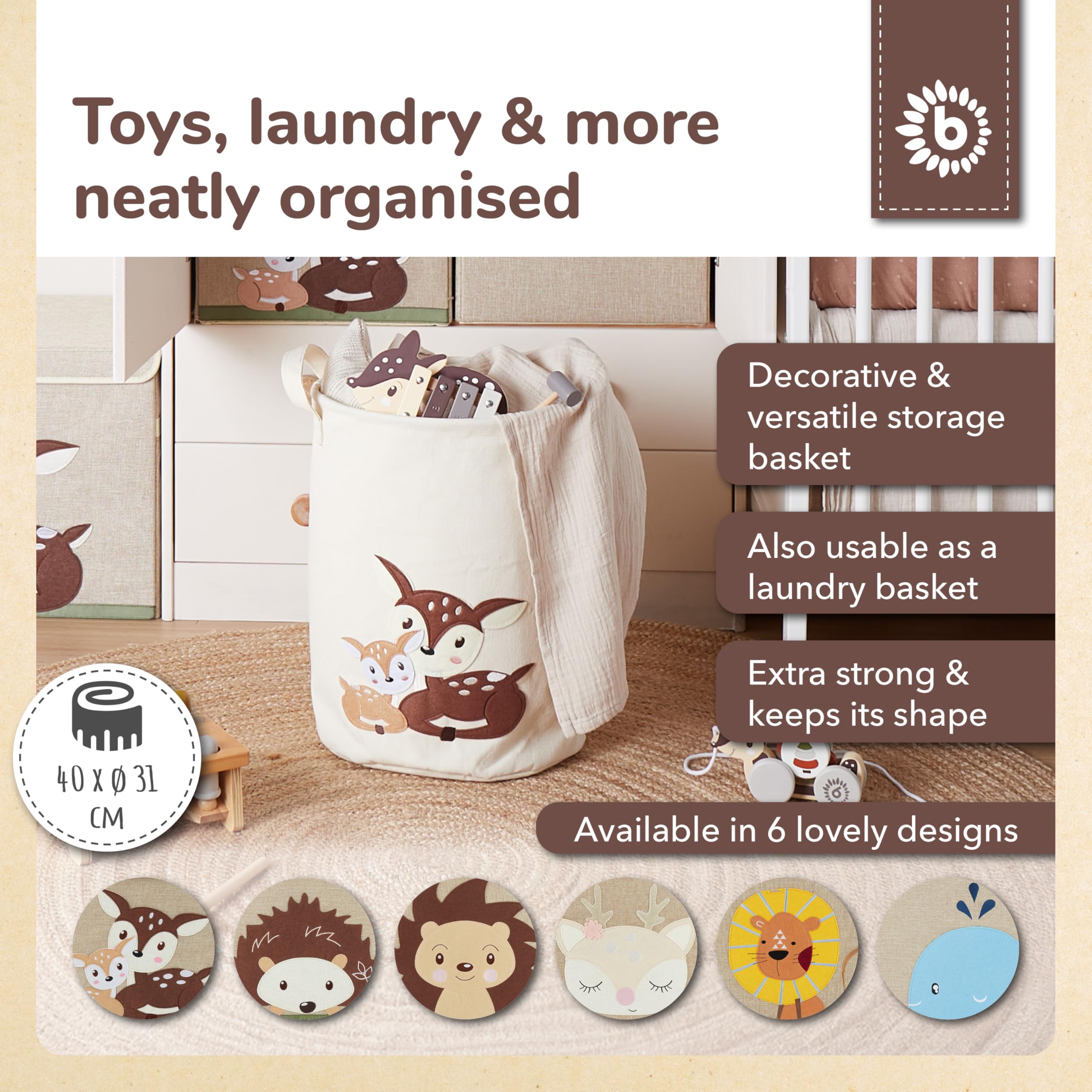 Bieco Laundry Basket Baby Deer Large Storage Basket Children Cotton and Water-Repellent Storage Nursery Laundry Basket Children's Room Girls Toy Basket - Image 2
