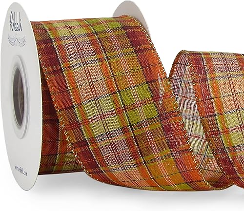 Ribbli Cinta de arpillera con alambre de otoño con borde metálico, 2-1/2 pulgadas x 10 yardas, cinta a cuadros para lazo grande, corona, envoltura