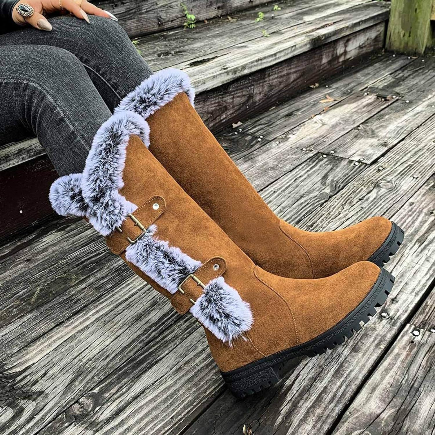 Women's Mid Calf Snow Boots with Plush Cuff Round Toe Slip on Buckle Strap Booties Non Slip Lug Sole Chunky Block Heel Waterproof Comfort Winter Boots - Image 5