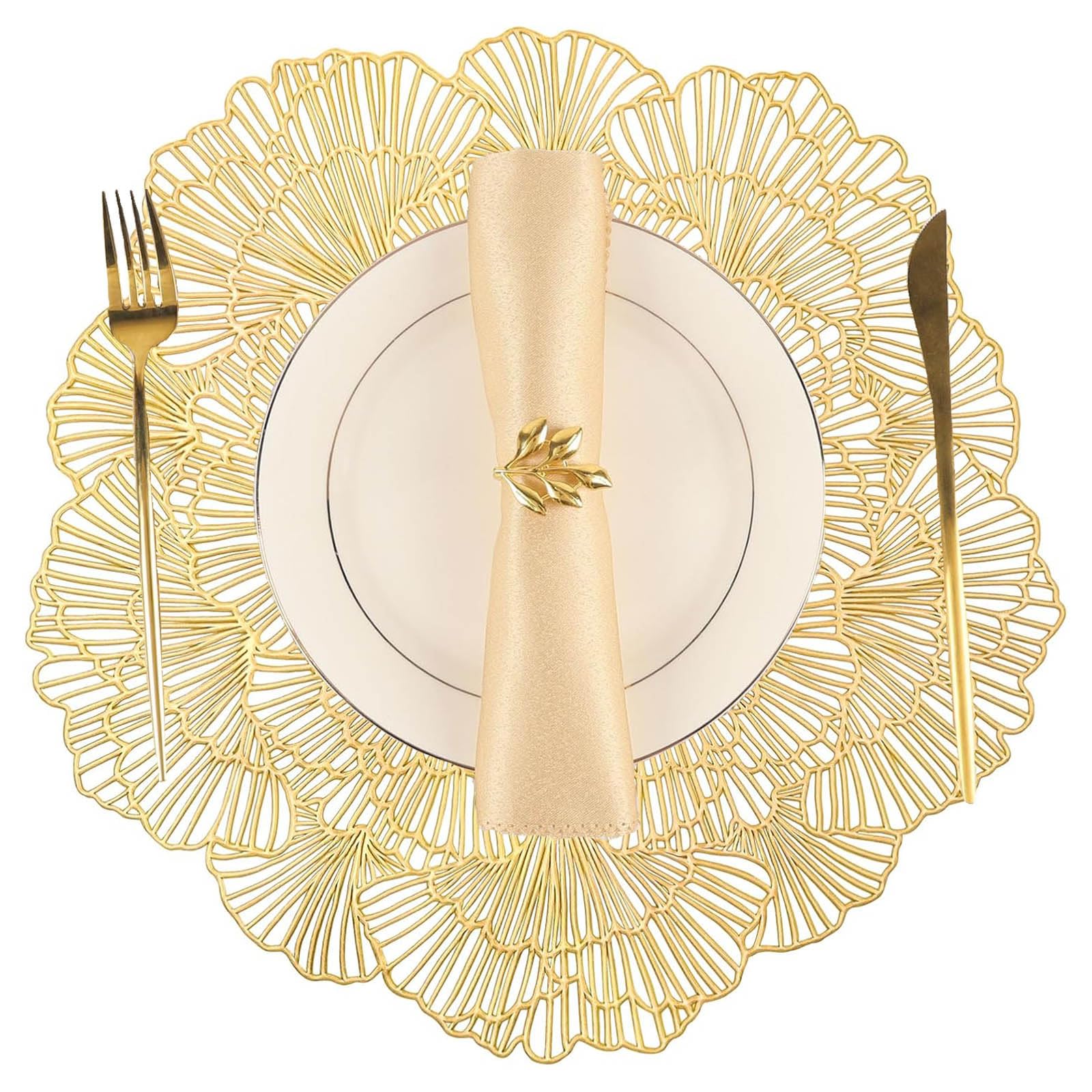 Manteles individuales redondos de vinilo dorado prensado metálico, 3 unidades, 15 pulgadas, resistentes al calor, manteles individuales huecos para decoración de boda, fiesta, cocina