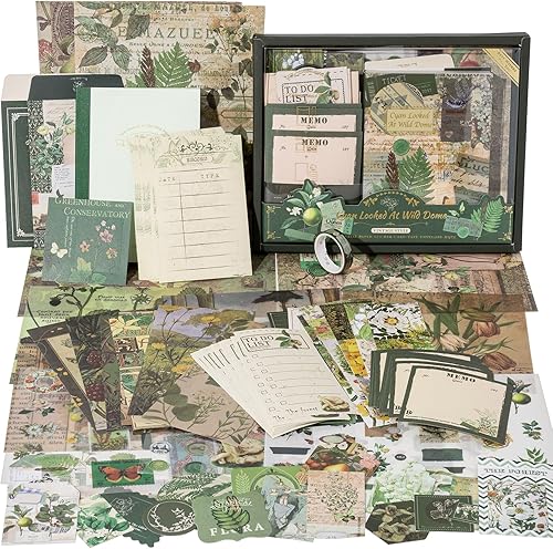 YagCu Kit botánico de álbumes de recortes, suministros de diario de basura vintage para adultos, juego de diario verde de colección grande y álbum