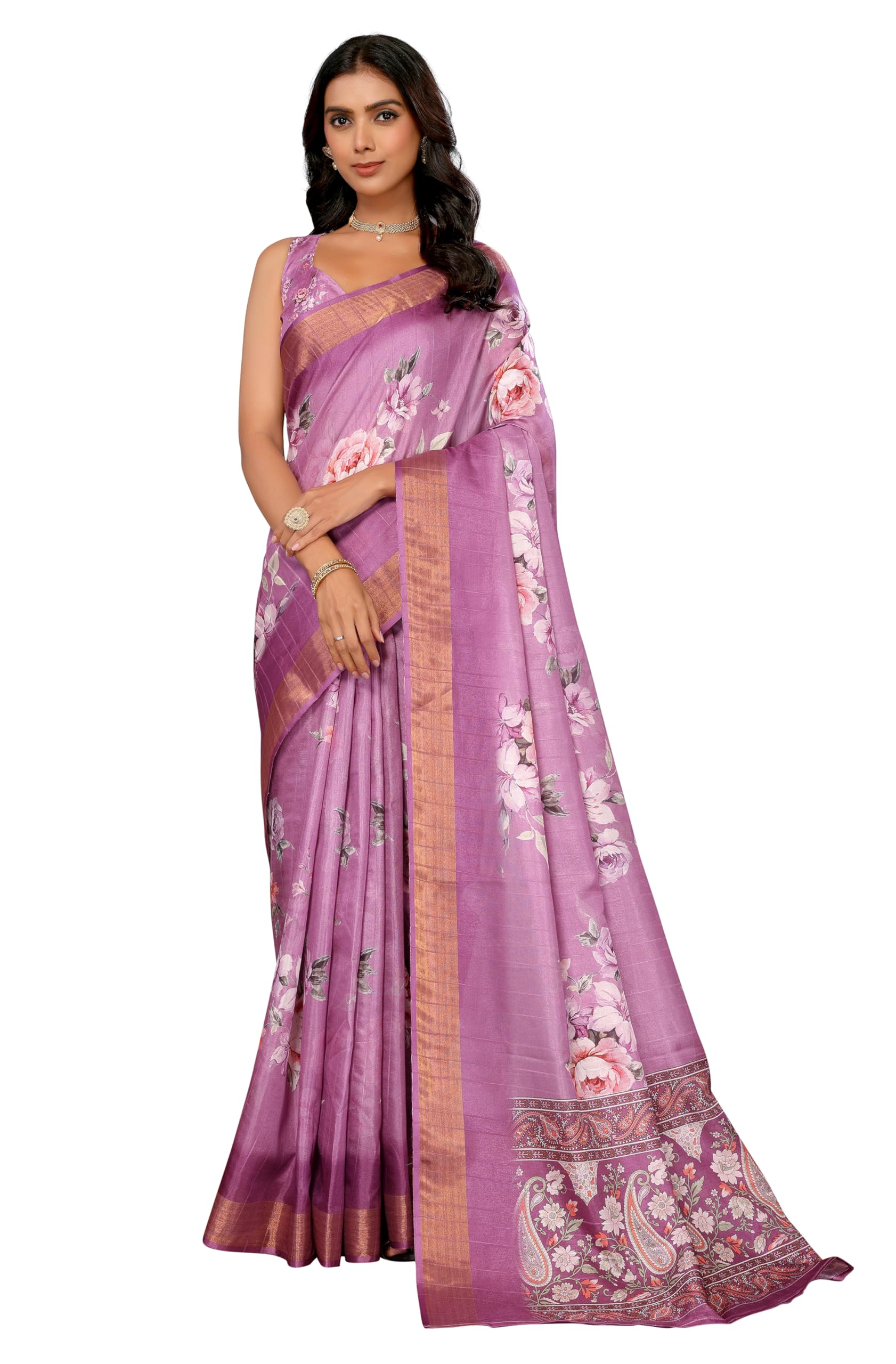 threadbox Women's Purple Chanderi Silk Floral Printed Saree with Blouse Piece-picture-10