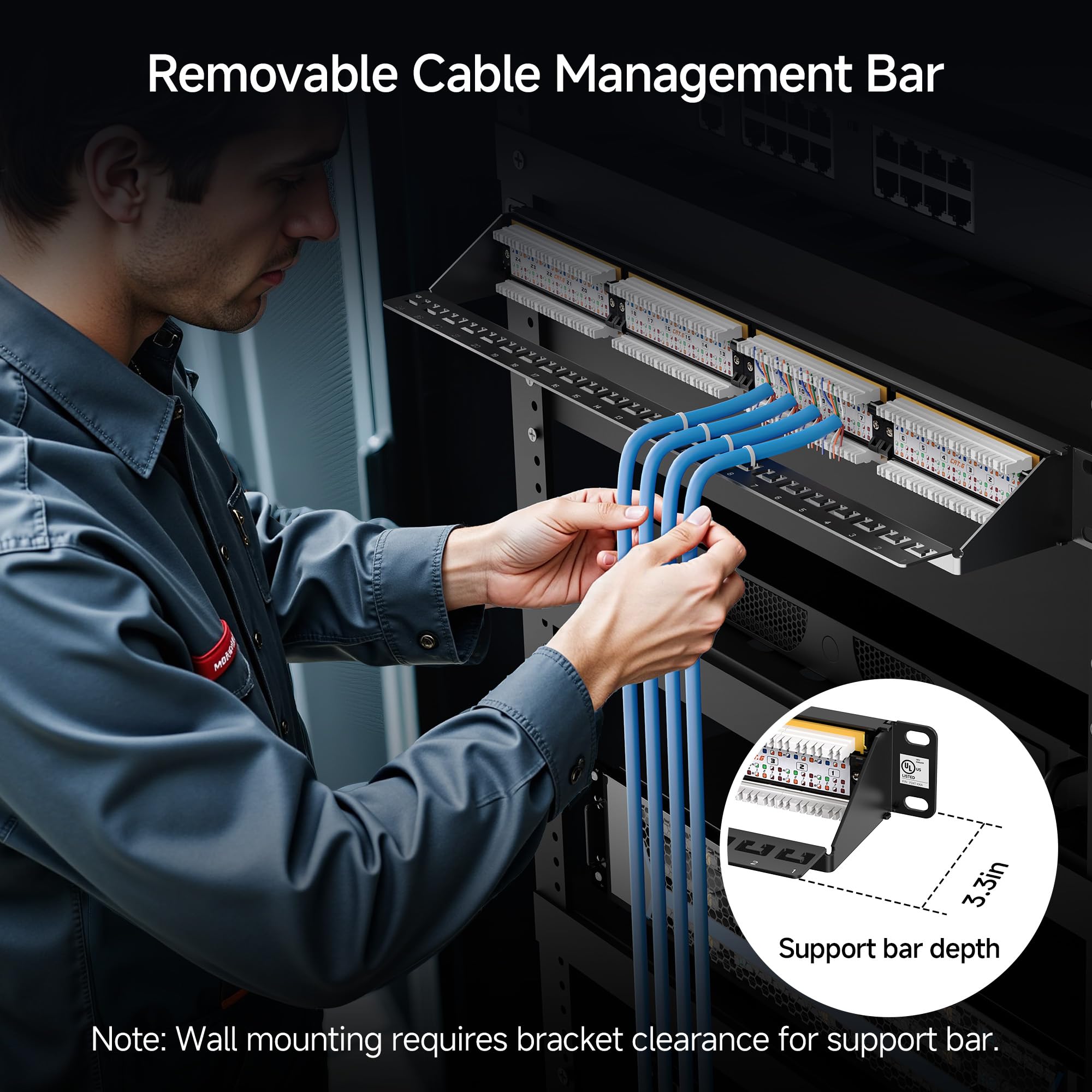 [Certifié UL] Panneau de Brassage réseau Cable Matters à Montage en Rack ou Mural 1U 24 Ports avec Barre de Support, Panneau de Brassage Cat6 de 48,3 cm pour Gigabit Ethernet, Compatible avec Les