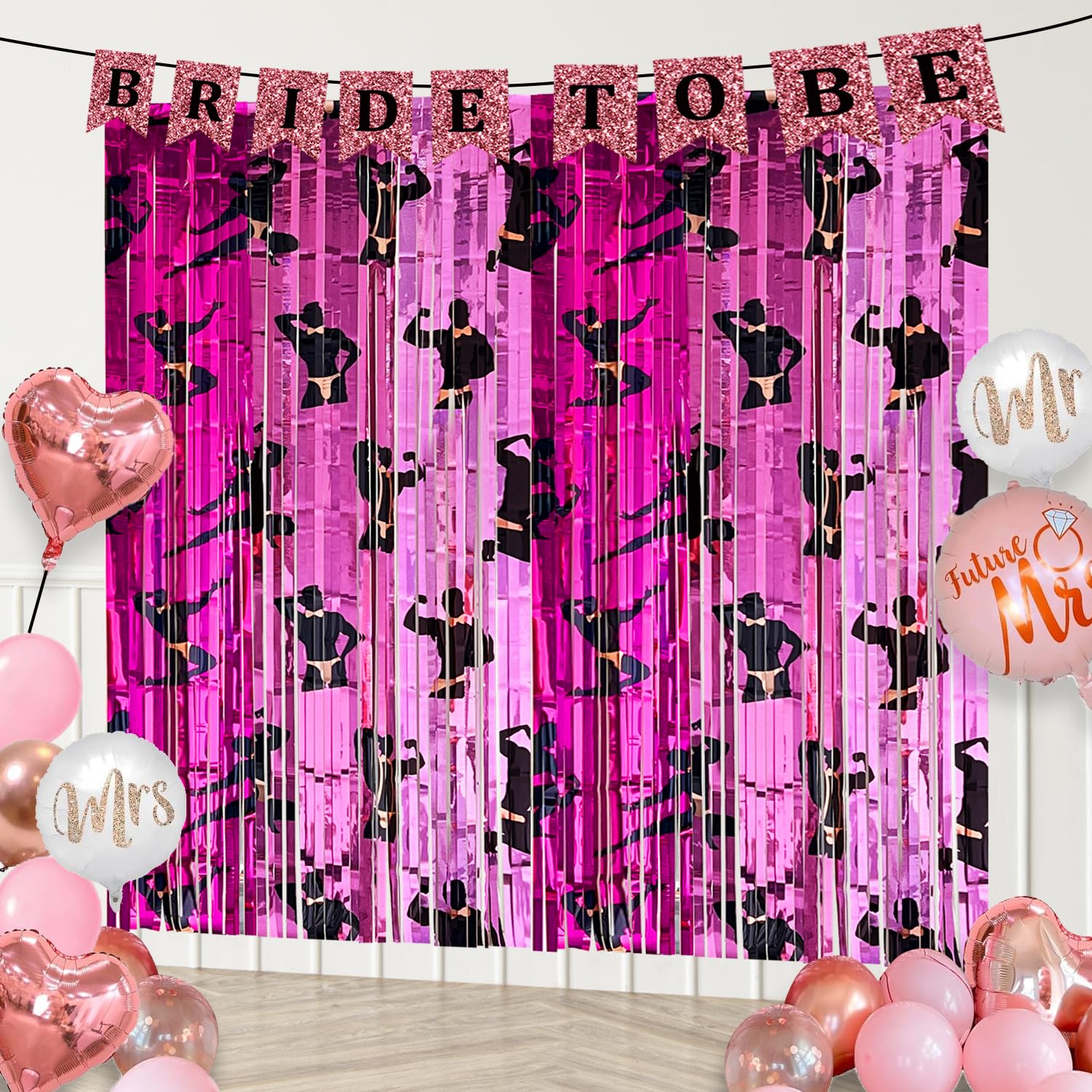 2Pcs Bachelorette Party Decorations, Bridal Shower Backdrops Tinsel Foil Curtain Streamers for Bachelor Engagement Wedding Shower Bride to Be Party