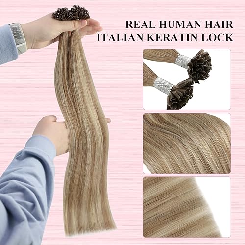 Miniatura 3 de YoungSee Extensiones de cabello humano marrón con punta en U de 22 pulgadas, balayage, extensiones de cabello marrón claro a rubio con punta en U,