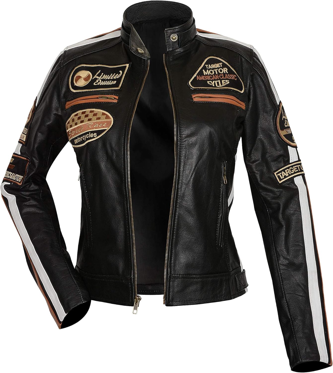 LP-FACON Women Vintage Hooded Biker Jacket - Cafe Racer Badges Retro Patches Motorcycle Leather Jacket