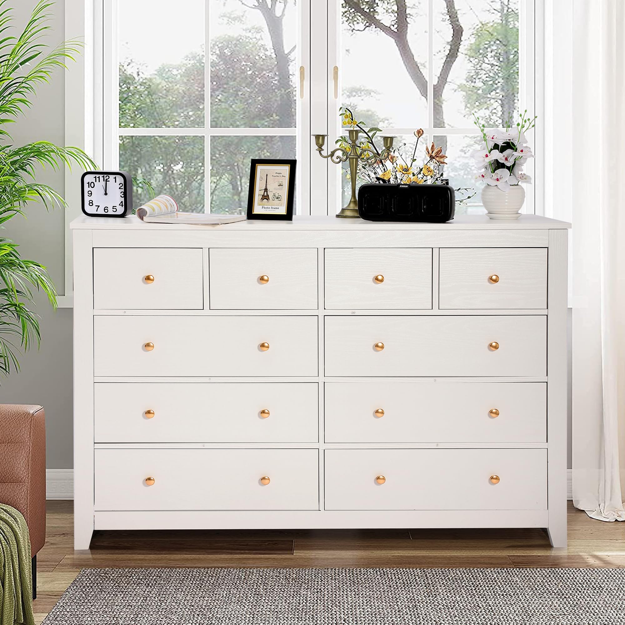 Large 10 Drawers Dresser, 52" Long Chest of Drawers, TV Stand Storage Drawer Dresser, Wooden Double Drawer Organizer for Closet, Bedroom, Living Room, Hallway, Entryway (White), Incomplete Box 2 of 2 Only 