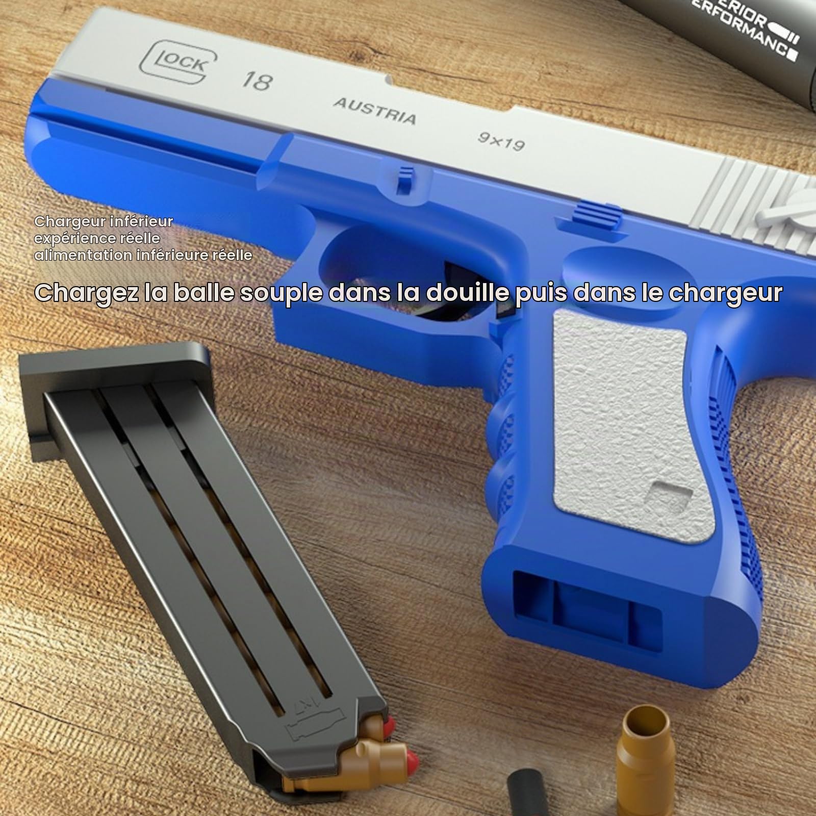 Ensemble Pistolet Jouet, Arme Jouet, Lanceur de balles Molles, avec Chargeur et balles Molles, pour entraînement sécurisé ou Jeu, Cadeau d'anniversaire Mixte (Blue and White)