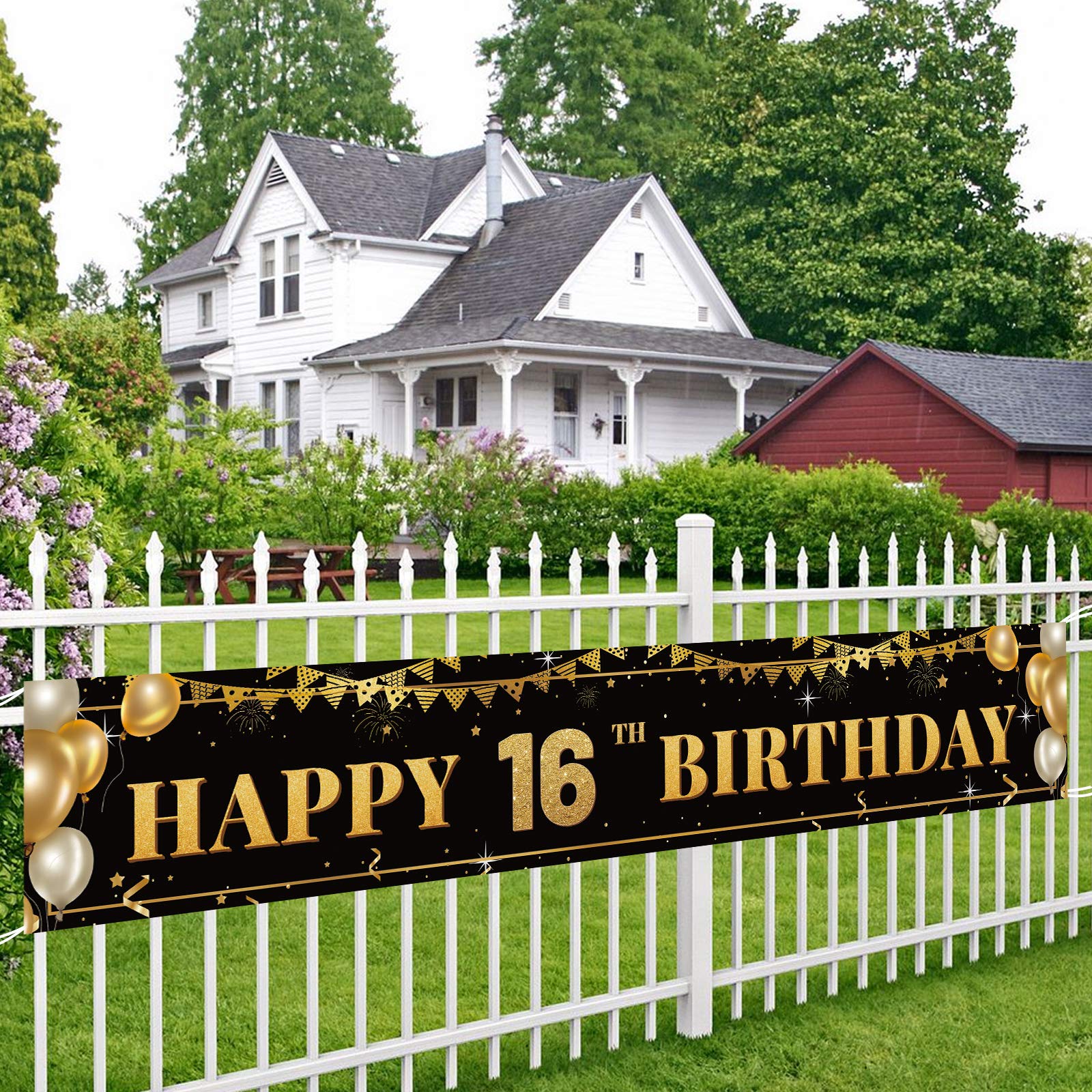 KENPMA Happy 16th Birthday Banner - Black Gold Backdrop, 9.8ft X 1.6ft | Outdoor Yard Sign & Party Decor