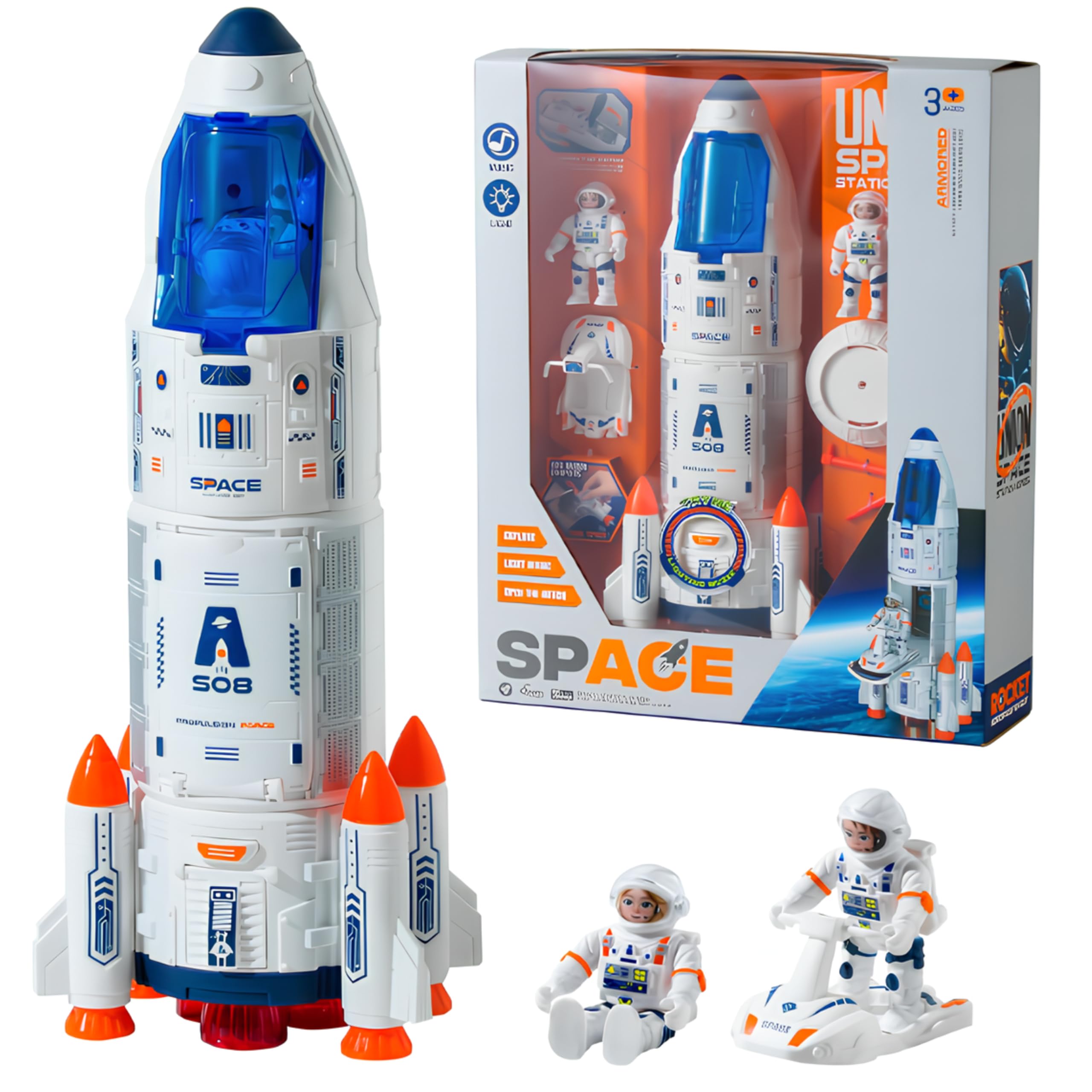 Space Shuttle Rocket Toys, Rocketship Space Shuttle Toys Model with Astronaut Figures, Rocket Ship Toys Lights Up with Light and Blast Off Sound Effects, Space Toys for Kids 3 5 8 10 Years Old