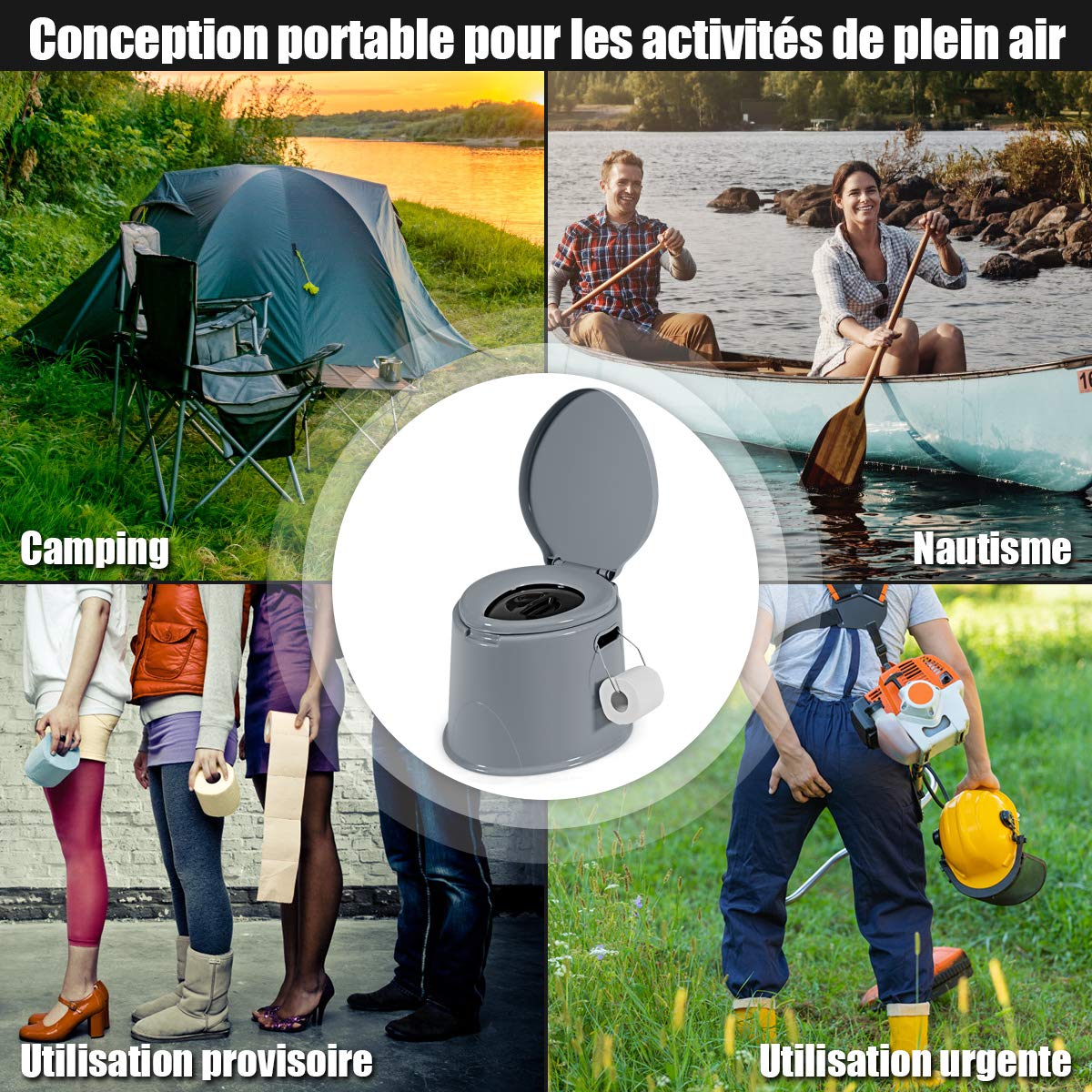 COSTWAY Toilette Sèche Portable Extérieure 5L avec Seau Intérieur et Porte-Papier Amovible pour Camping, Randonnée, Charge Max 200 kg