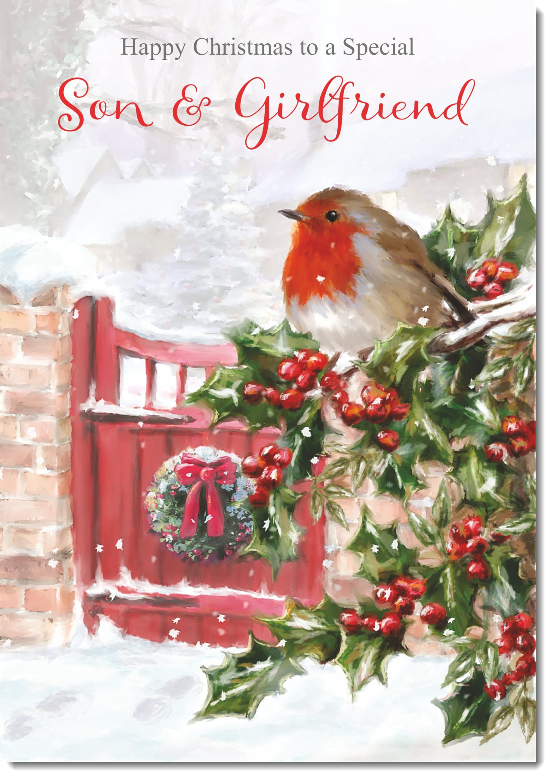 doodlecards Son and Girlfriend Christmas Card Robin on Holly Tree Large A4 Size Christmas Card for Son & Girlfriend with Plain Envelope — image 1