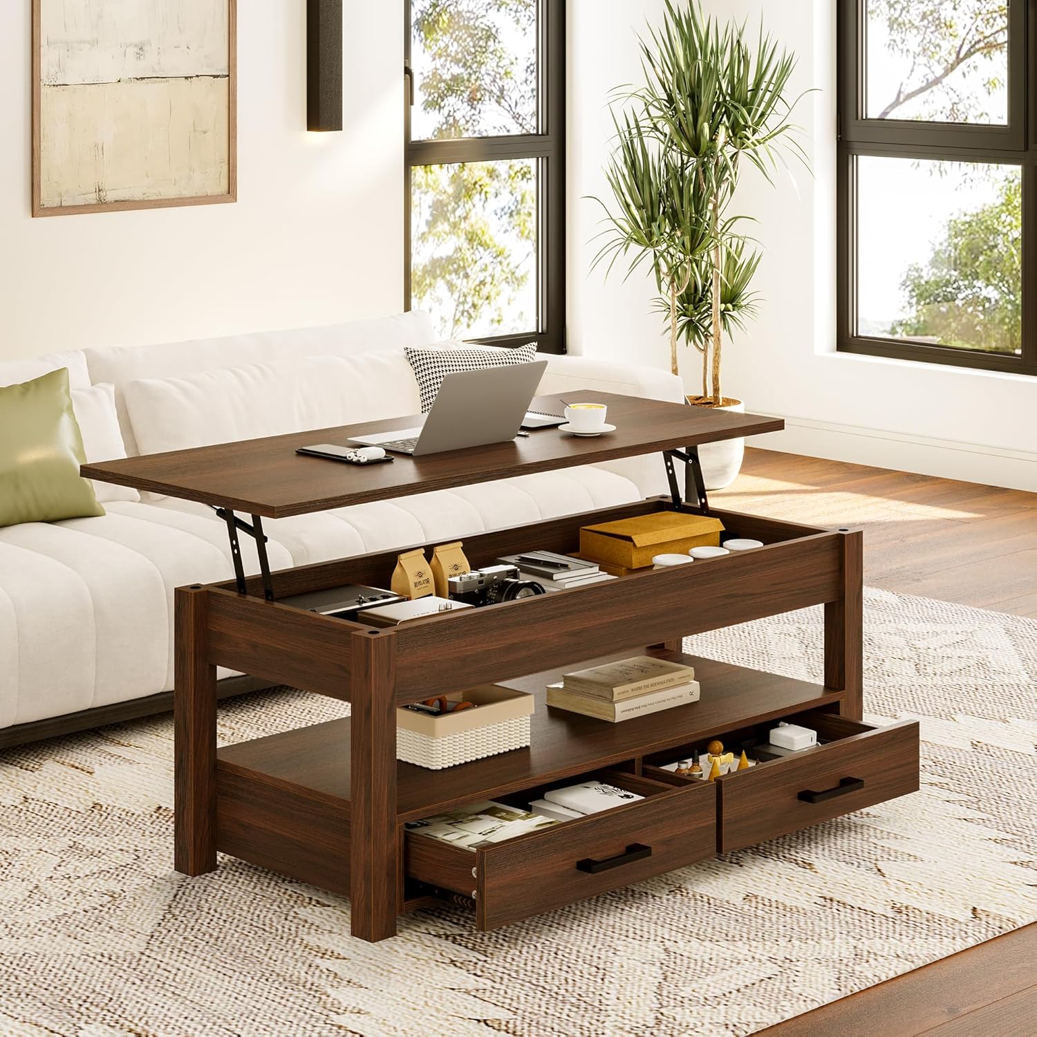 41.7" Wooden Lift Top Coffee Table with Storage Drawers and Hidden Compartment Retro Living Room Central Table Espresso Finish Ample Storage Space 41.7'' Espresso