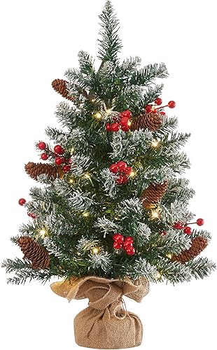 Miniatura 2 de Mini árbol de Navidad de nieve de 24 pulgadas, mini árbol de Navidad artificial con cadena de luces LED y adornos (verde)