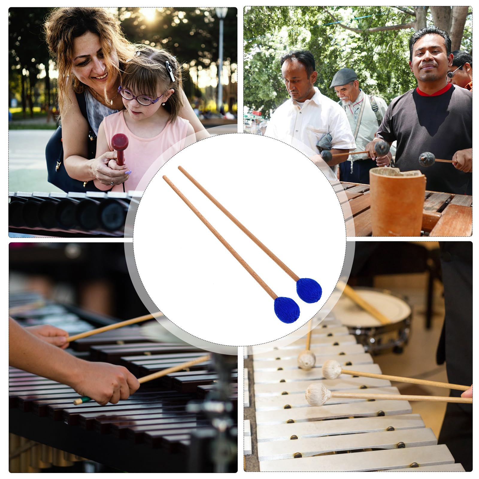 4 Marimba-Schlägel: Garn-Xylophon-Schlägel – Blauer Kopf, Holzgriff, Schlagstockhammer für Marimba, Xylophon und Glockenspiel