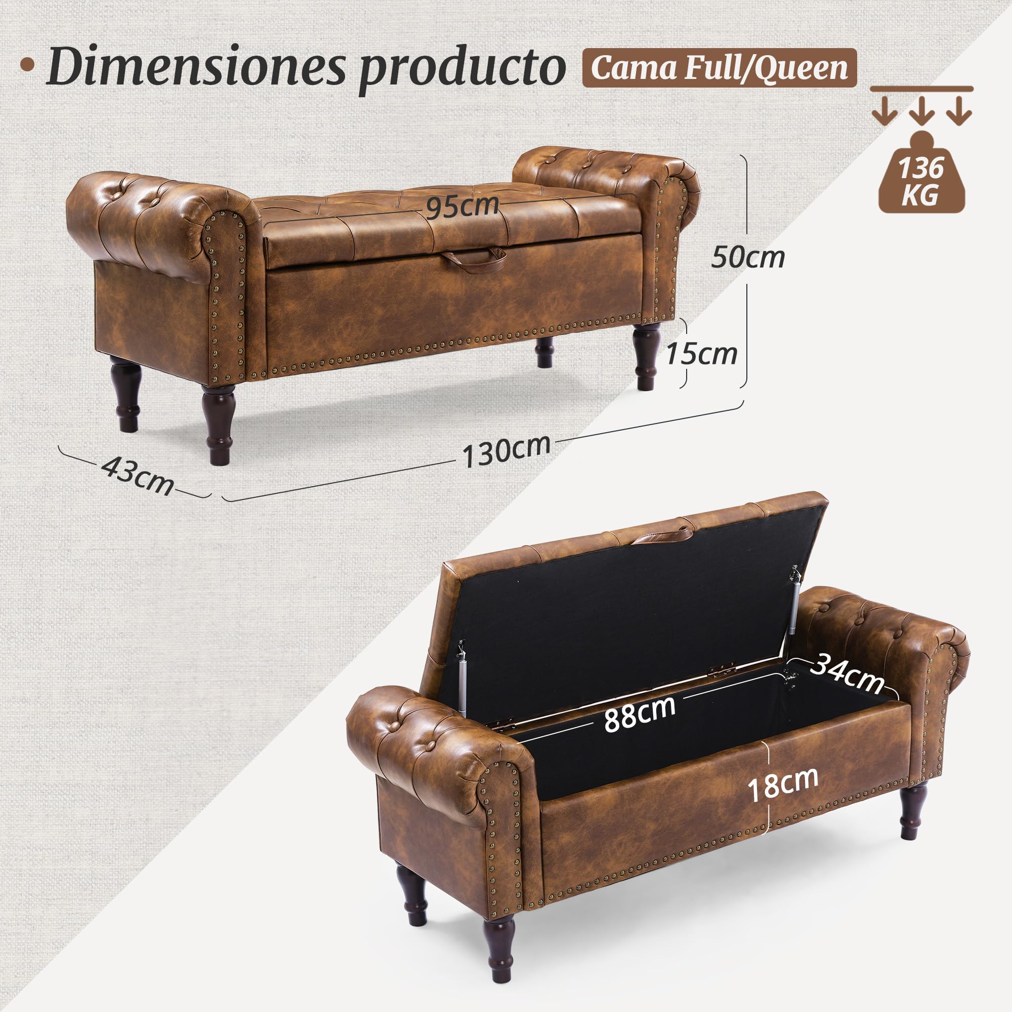 LUE BONA 130cm Banco de Almacenamiento,Banco Descalzadora Almacenaje Otomana PU con Tapa de Bisagras, Patas Madera y Reposabrazos Enrollados,para Dormitorio Entrada Pasillo,130 X 43 X 50 cm,Marrón