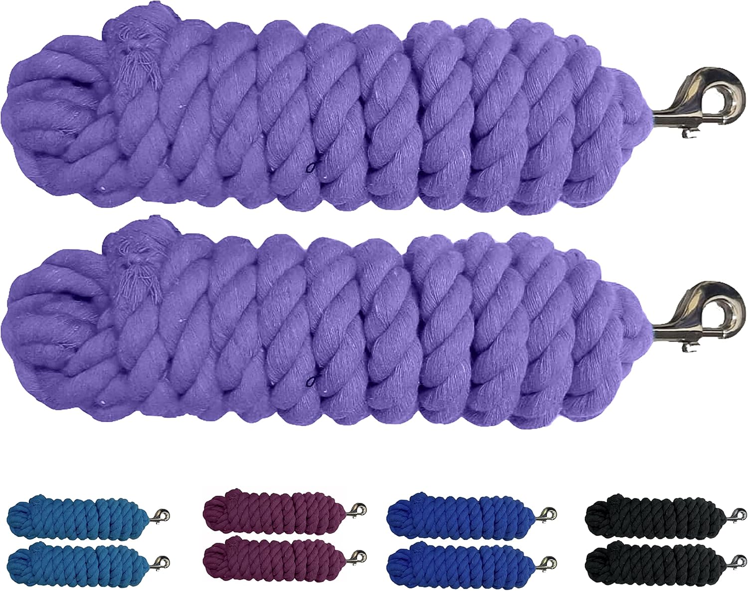 Majestic Ally Pack of 2 Solid Cotton Lead Rope for Horses & Livestock – 10 Foot Long and 5/8 inch (16MM) Thick - Replaceable Heavy-Duty Satin Bolt Snap – Handmade – Soft, Broken in Feel (Lilac)