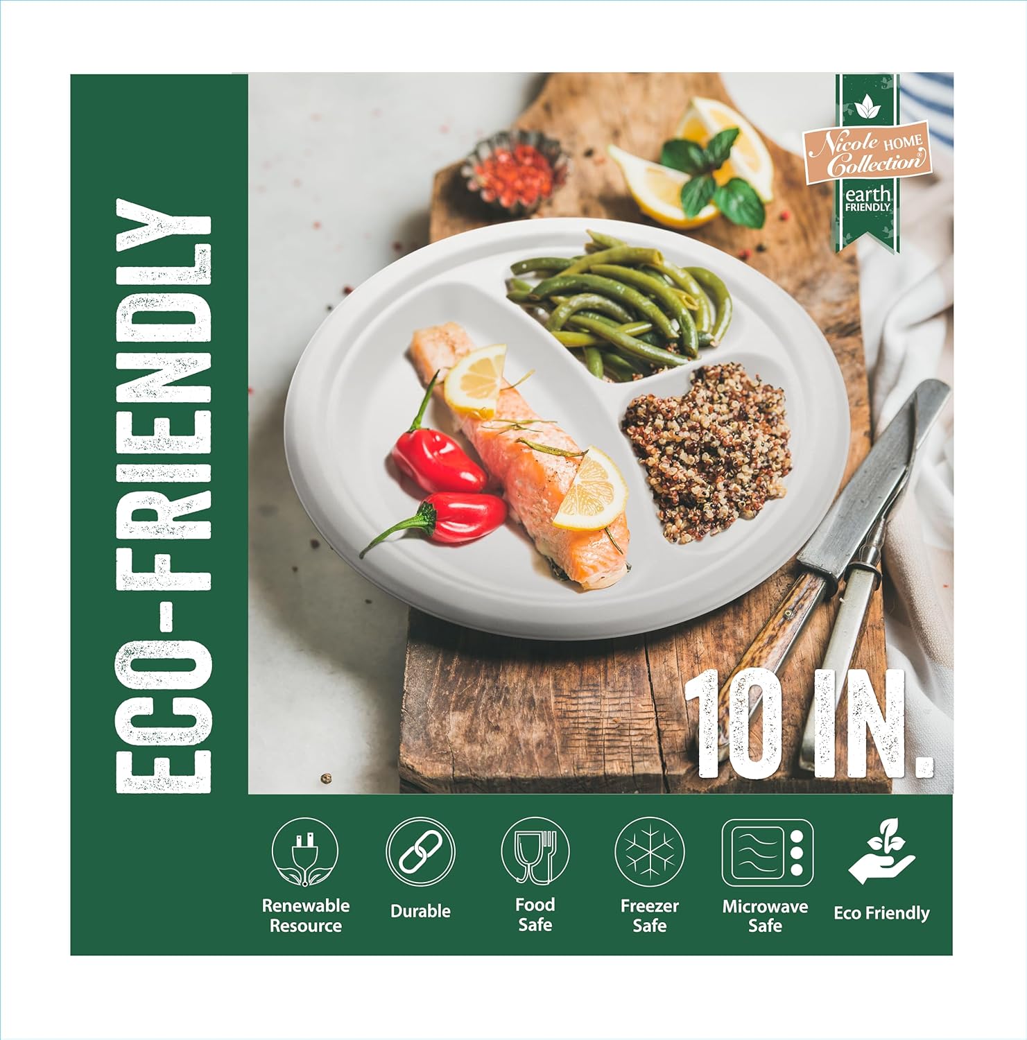 Nicole Home Collection 600 Count Compostable Heavy Duty 10" Disposable Compartment Paper Plates 100% Bagasse Biodegradable Eco-Friendly Natural Sugarcane