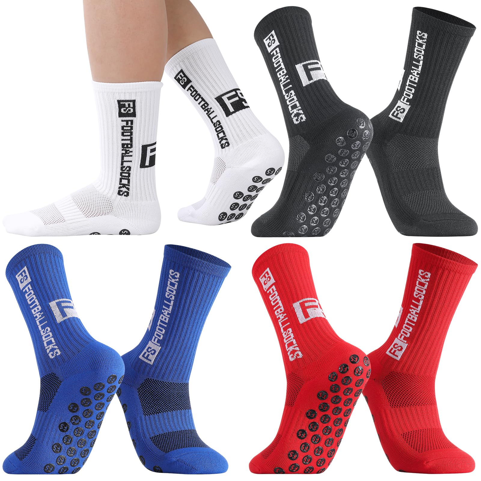 Utensilsto 4 paia di calzini da calcio per bambini, antiscivolo, per calcio, basket, corsa, rugby, tennis, 4 paia