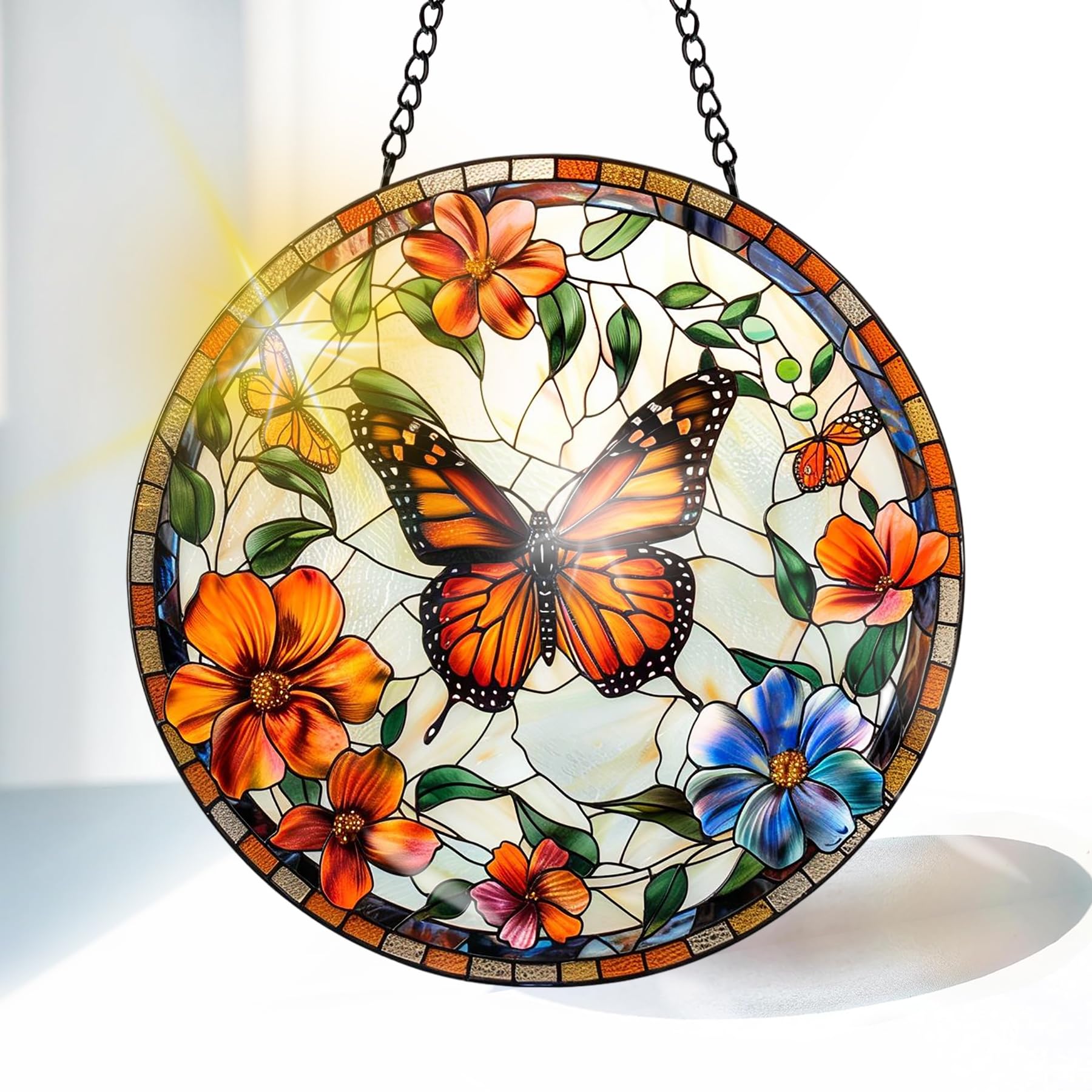 VAIIEYO Butterfly Sun Catcher Stained Glass Window Hanging Ornament, Handmade Sun Catcher Flower Decoration with Hooks for Window Garden Home, Mother's Day & Birthday Housewarming Gift (20 cm)