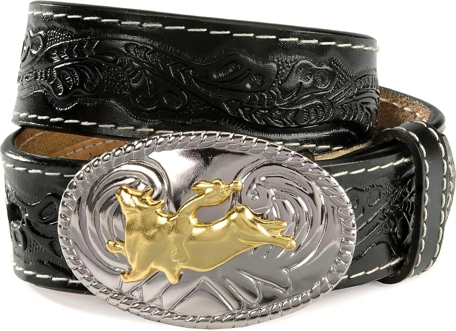 Nocona Belt Co. Boys' 1-1/4" Tooled Bull Rider Floral Leather Belt With Western Belt Buckle