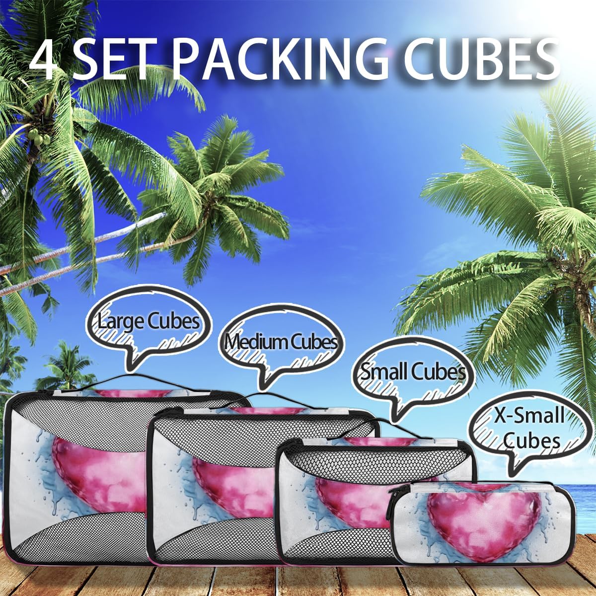 Art Heart 4 Set Packing Cubes Packing Cubes for Women Lightweight Travel Essential Bag Clothes Carry on Suitcase Bags for Accessories Essentials