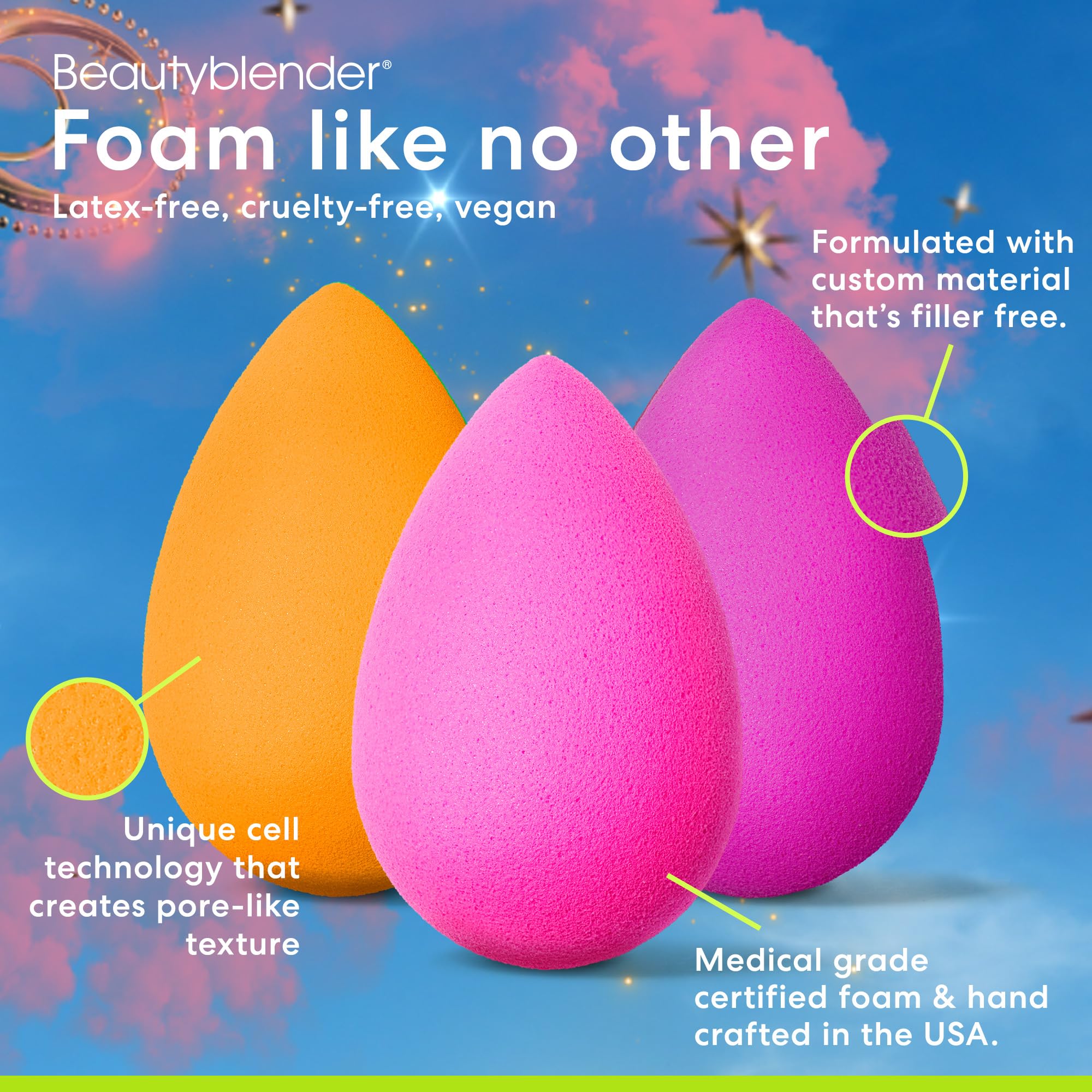 Beautyblender® Cosmo Beauty Blender - Juego de 5 piezas esenciales - 3 esponjas de maquillaje, 1 esponja y limpiador de pinceles, soporte nido, aplicación profesional, vegano y libre de crueldad,
