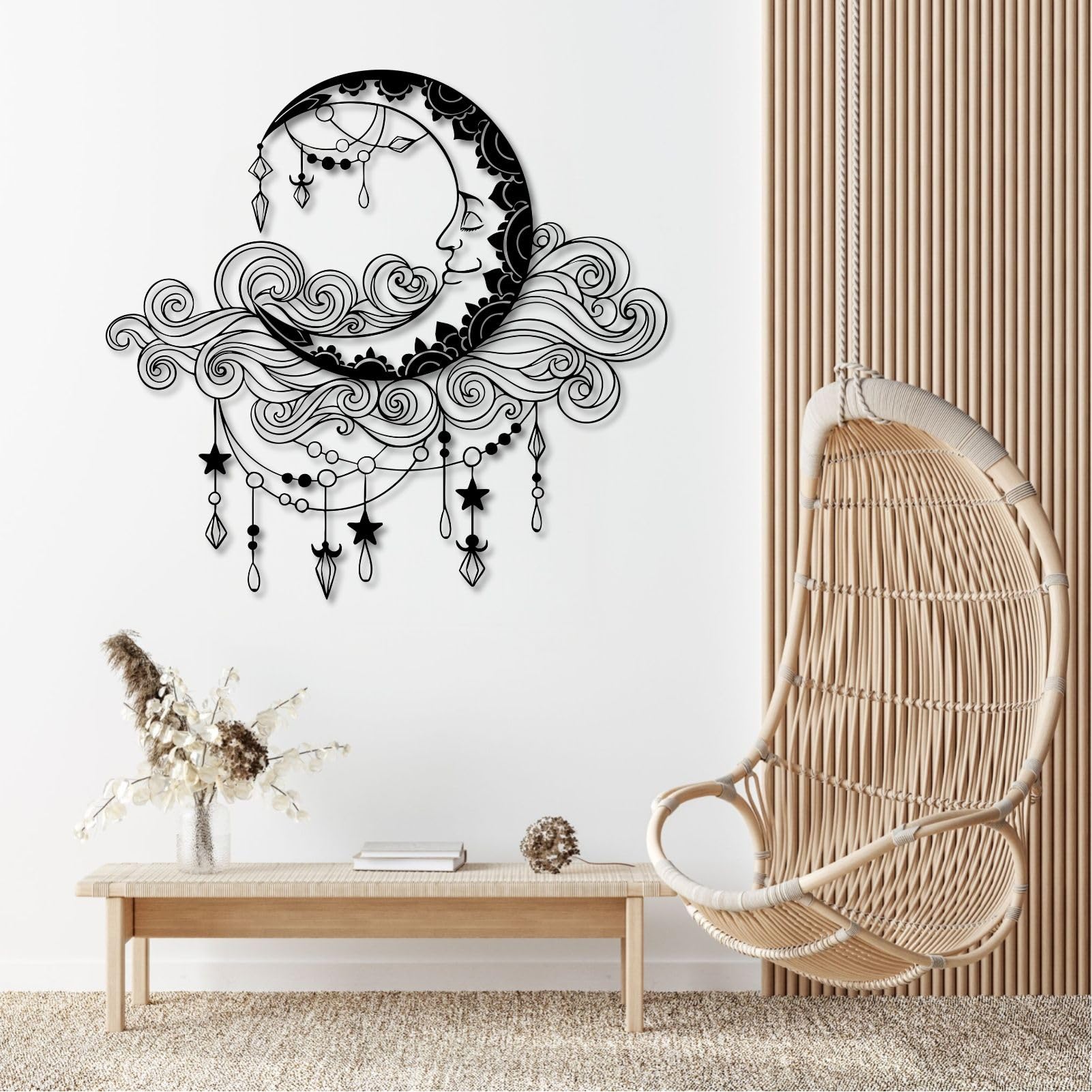 Metalowa dekoracja ścienna „Księżyc i gwiazdy”, metalowa dekoracja ścienna „Księżyc”, dekoracja ścienna w stylu boho do salonu, sypialni i pokoju dziecięcego (czarna, 120 x 113 cm)